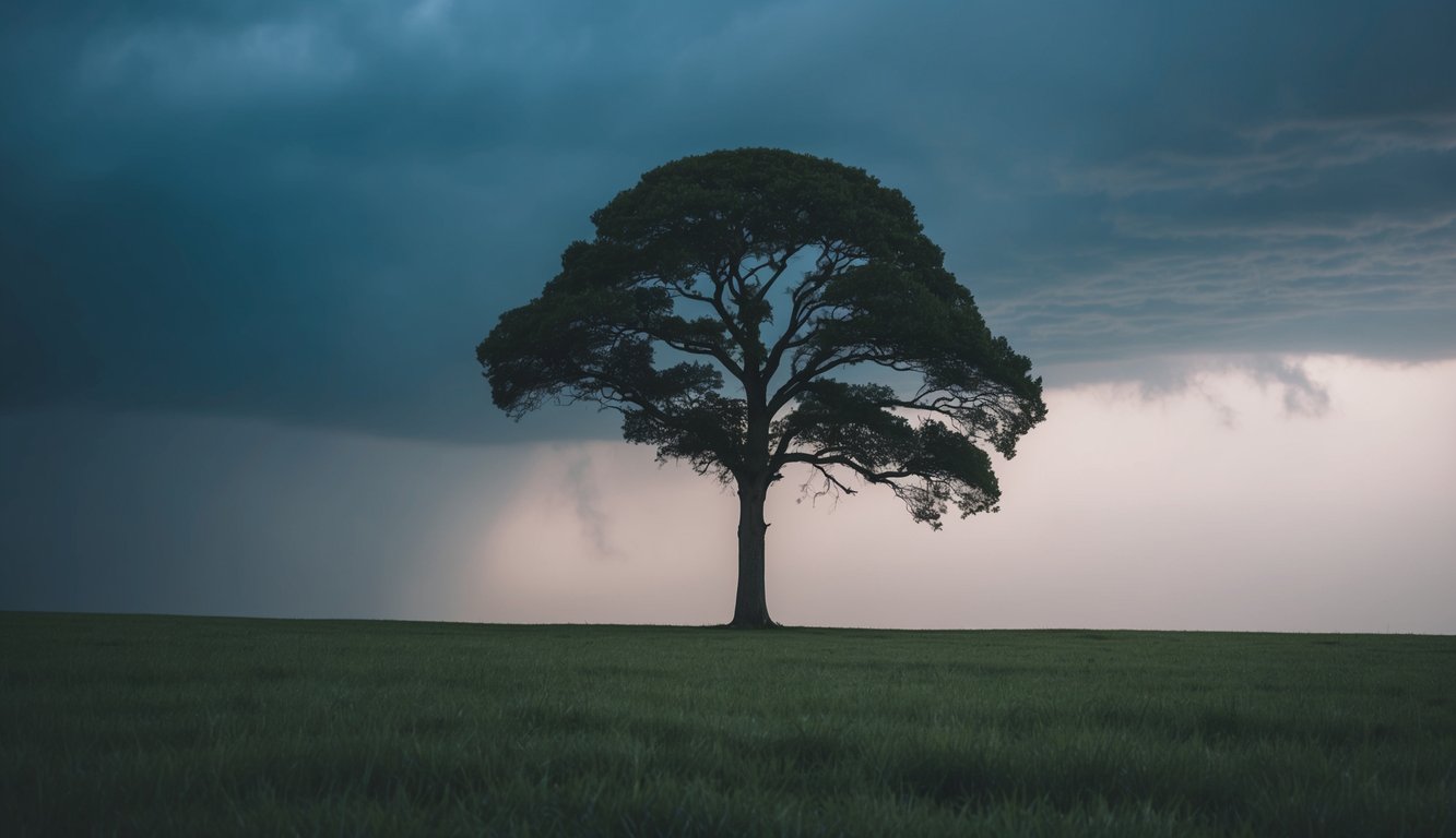 A serene landscape with a lone tree standing tall amidst a storm, symbolizing the struggle to cultivate self-compassion in difficult times