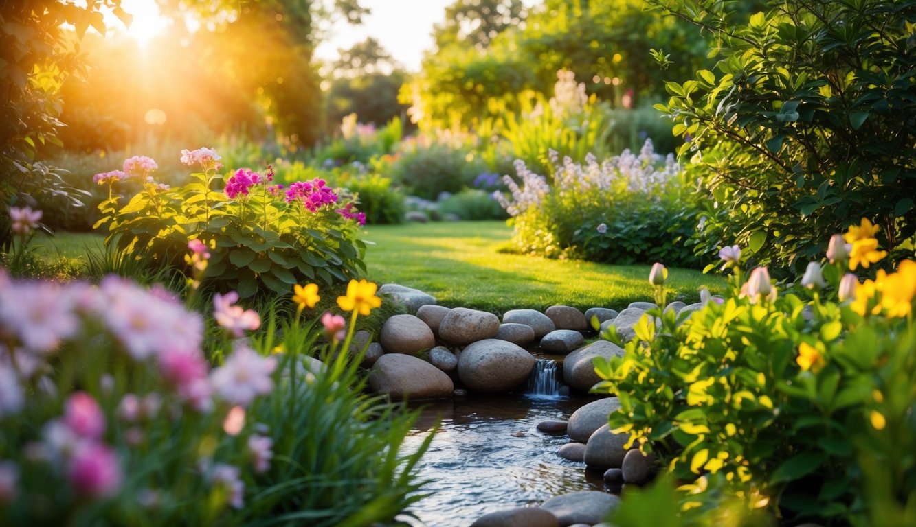 A serene garden with blooming flowers and a gentle stream, surrounded by lush greenery and a warm, comforting sunlight