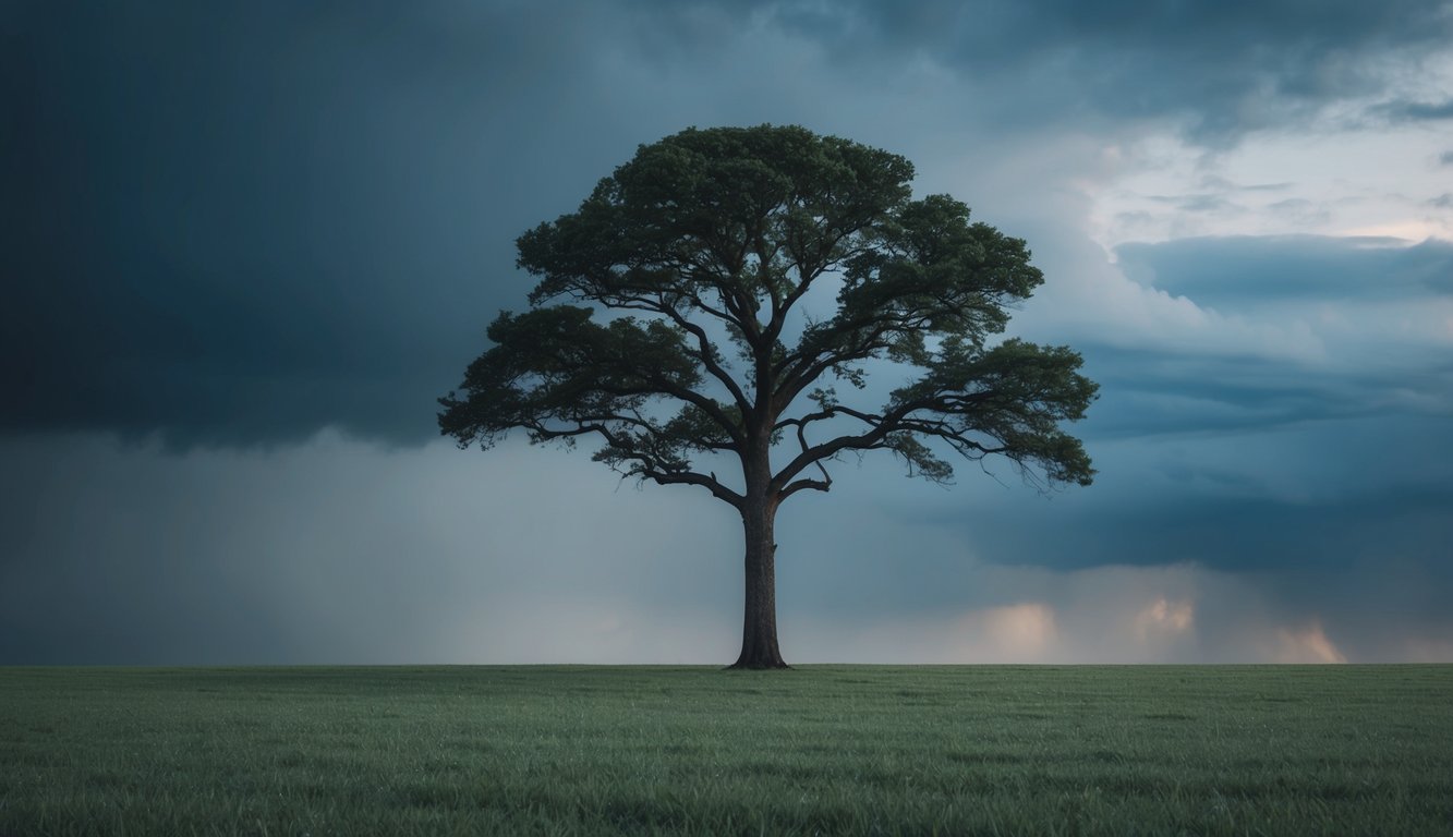 A serene landscape with a solitary tree standing tall amidst a storm, symbolizing resilience and self-compassion in tough times