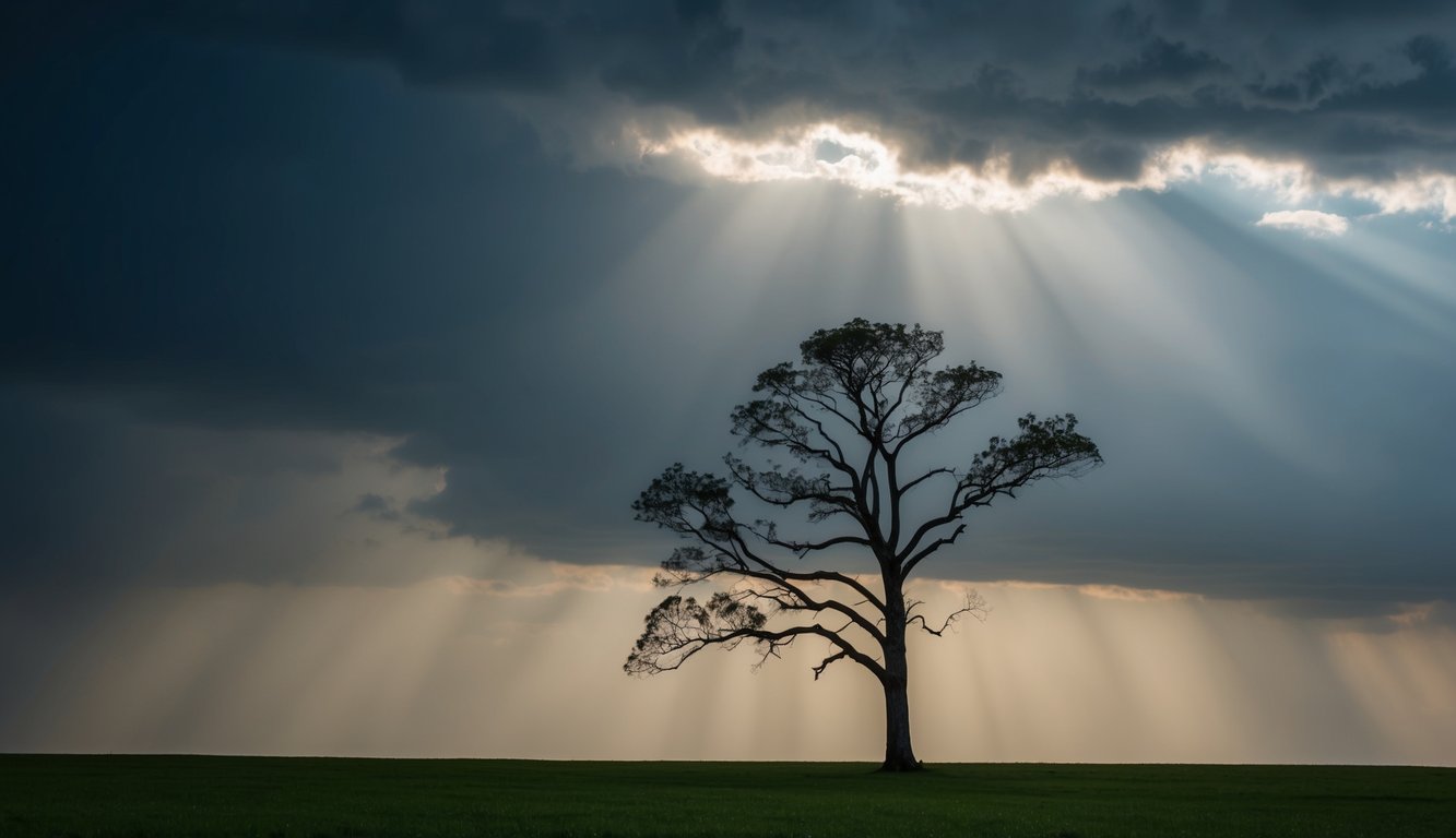 A lone tree stands tall in a storm, its branches bending but not breaking. The dark clouds part to reveal a ray of sunlight breaking through