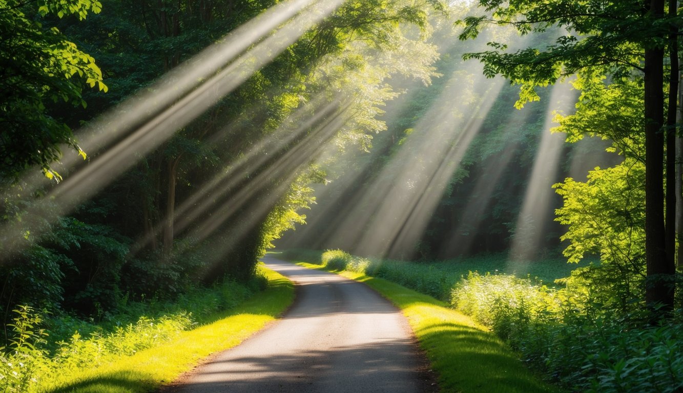 A serene path winding through a lush forest, with rays of sunlight breaking through the canopy, creating a peaceful and nurturing atmosphere