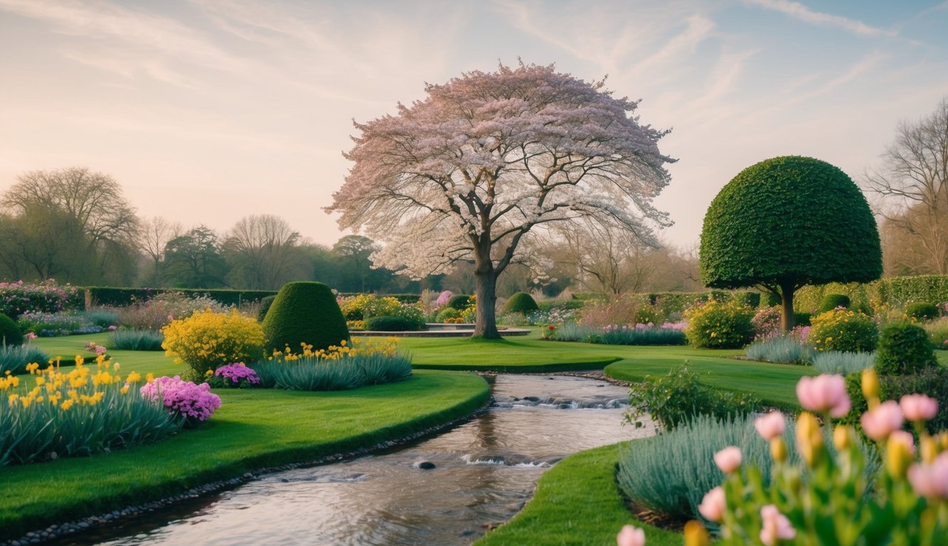 A serene garden with a lone tree in bloom, surrounded by gentle streams and colorful flowers, under a calming, pastel sky