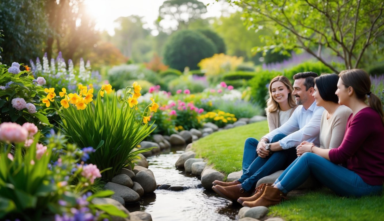 A serene garden with blooming flowers and a gentle stream, surrounded by supportive friends and a comforting atmosphere