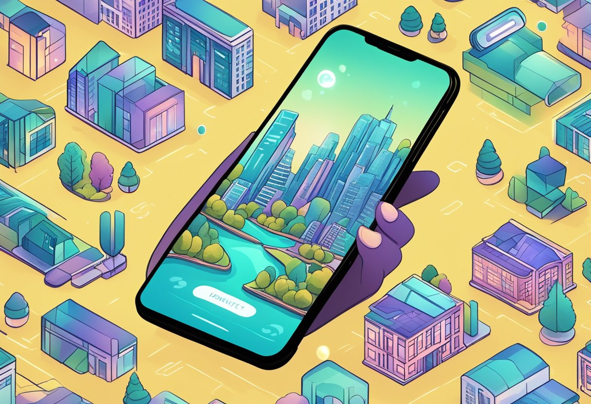 A serene, futuristic cityscape with a glowing smartphone displaying a mental health app for anxiety, surrounded by calming nature elements