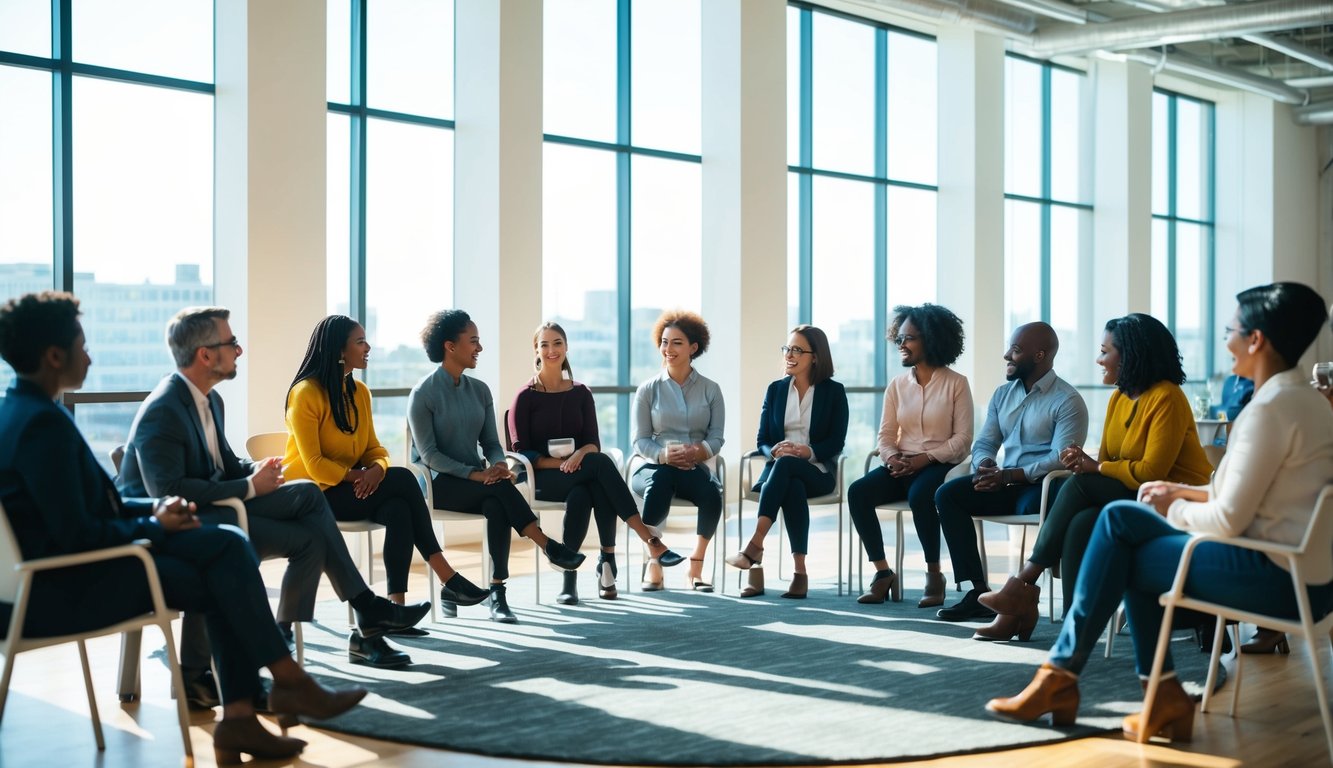 A diverse group of people sitting in a circle, engaged in open and honest conversations about mental health. Sunlight streams in through large windows, creating a warm and welcoming atmosphere