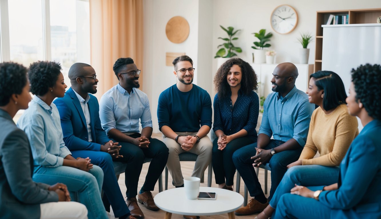 A diverse group of people engaged in open, supportive conversations about mental health, with a focus on breaking the stigma