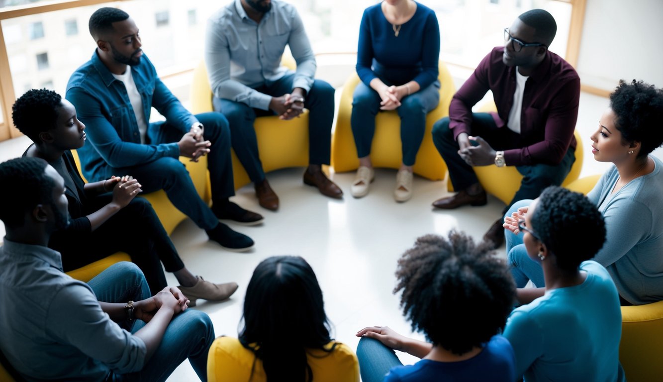 A group of diverse silhouettes sit in a circle, engaged in open dialogue. A supportive atmosphere is evident as they discuss mental health