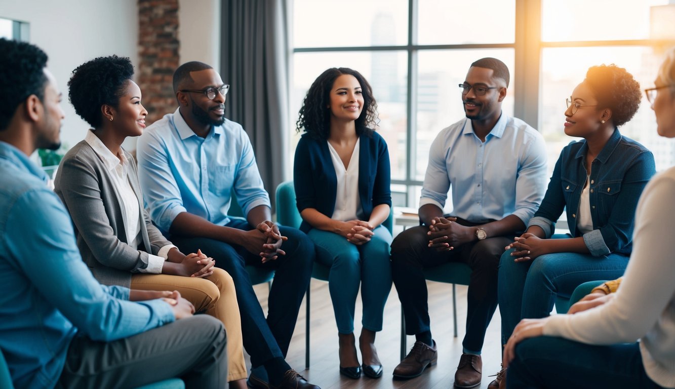 A diverse group of people sitting in a circle, engaged in open and honest conversations about mental health. Supportive body language and facial expressions convey empathy and understanding