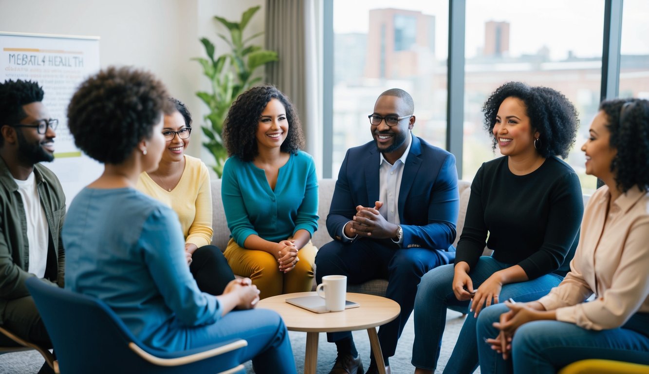 A group of diverse individuals engaging in open, supportive conversations about mental health in a welcoming and inclusive environment