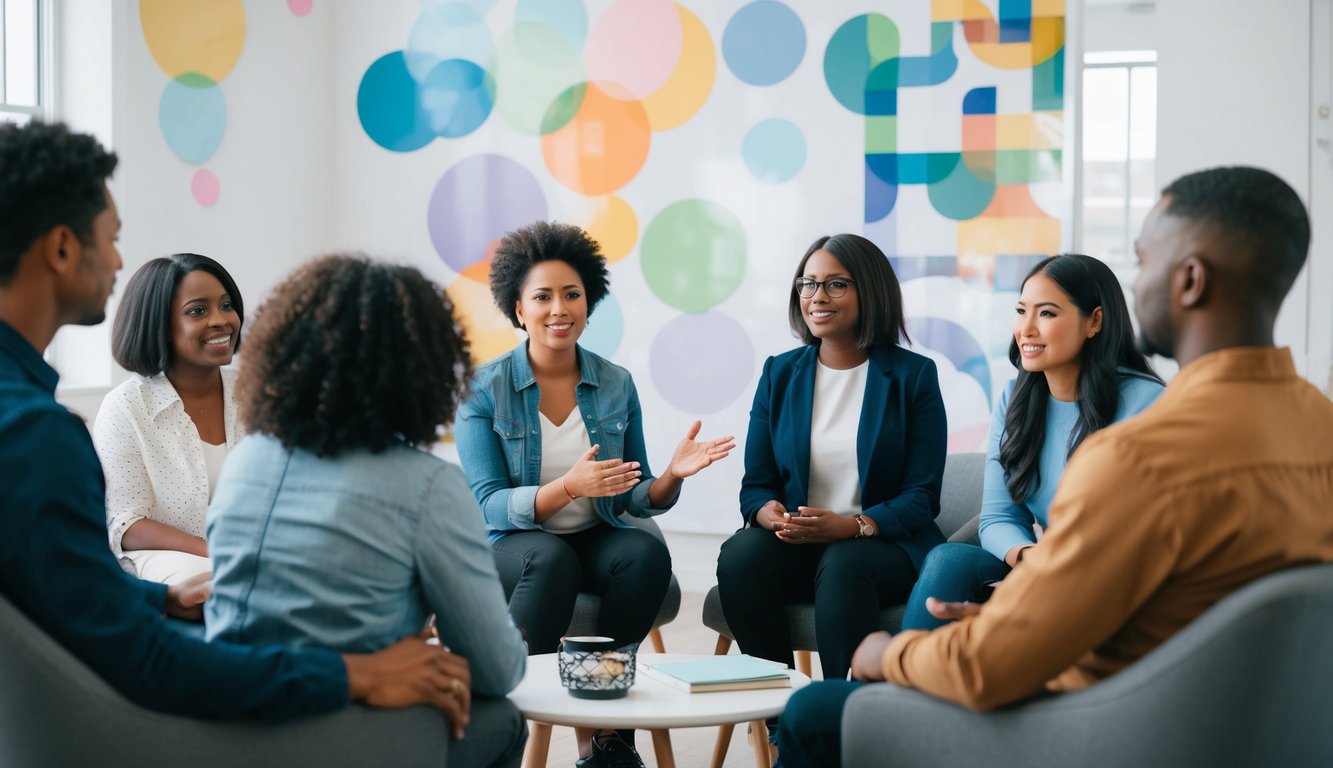 A group of diverse individuals engage in open and honest discussions about mental health, surrounded by supportive and inclusive imagery