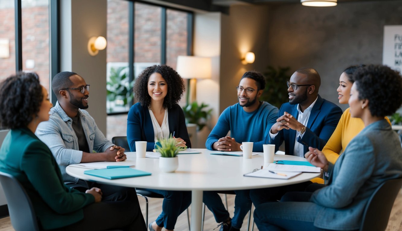 A group of diverse individuals engage in open and supportive discussions about mental health, breaking the stigma