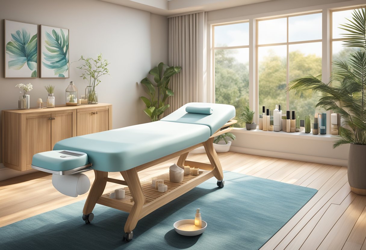 A serene spa-like setting with a table showcasing post-treatment care products for liposuction and CoolSculpting, surrounded by calming decor and natural elements