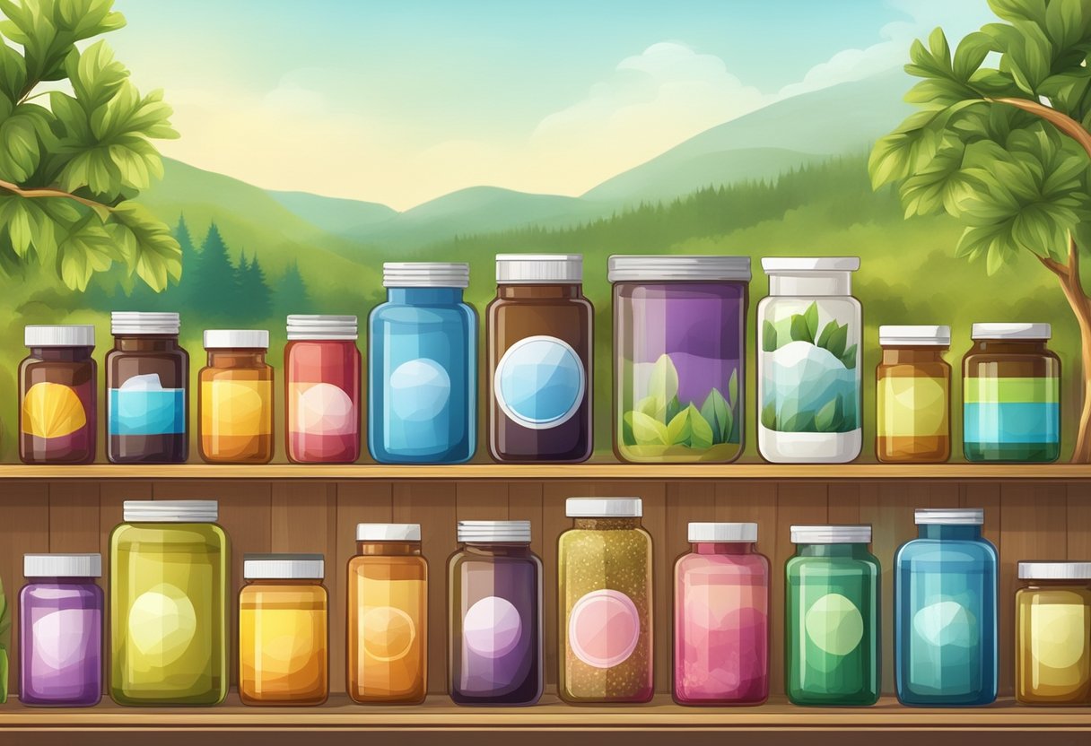 A group of colorful bottles and jars of various health supplements arranged neatly on a shelf, with a background of natural scenery or a peaceful setting