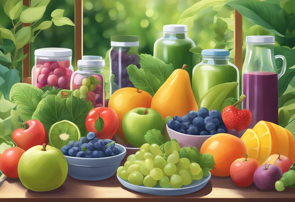 A serene, sunlit garden with a variety of colorful fruits, vegetables, and heart-healthy supplements displayed on a table