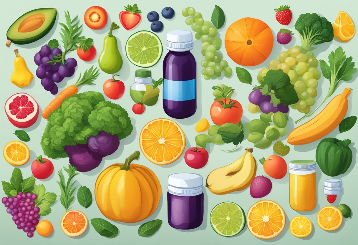 A vibrant array of fruits, vegetables, and vitamins arranged around a bottle of immune system support supplements