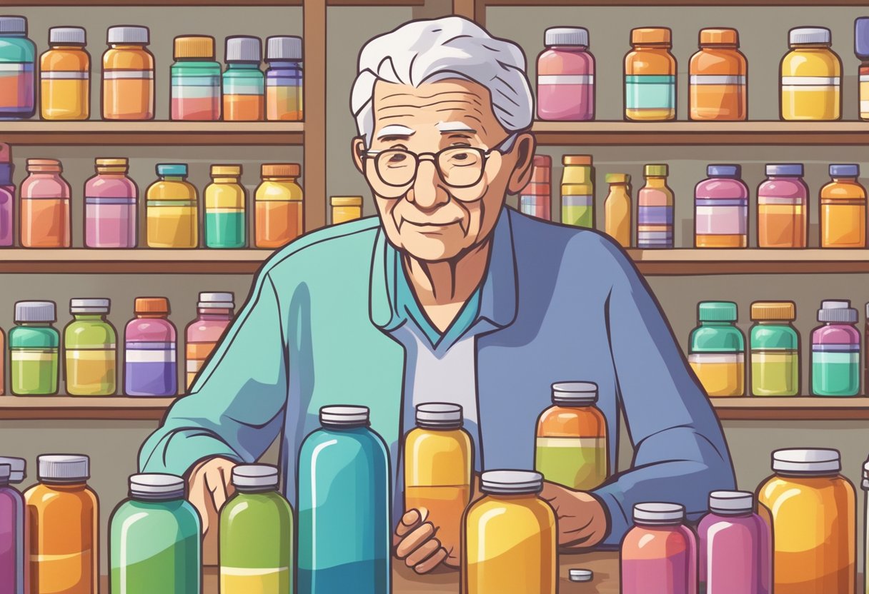 A serene elderly person surrounded by colorful bottles of brain-boosting supplements, with a backdrop of a peaceful natural setting