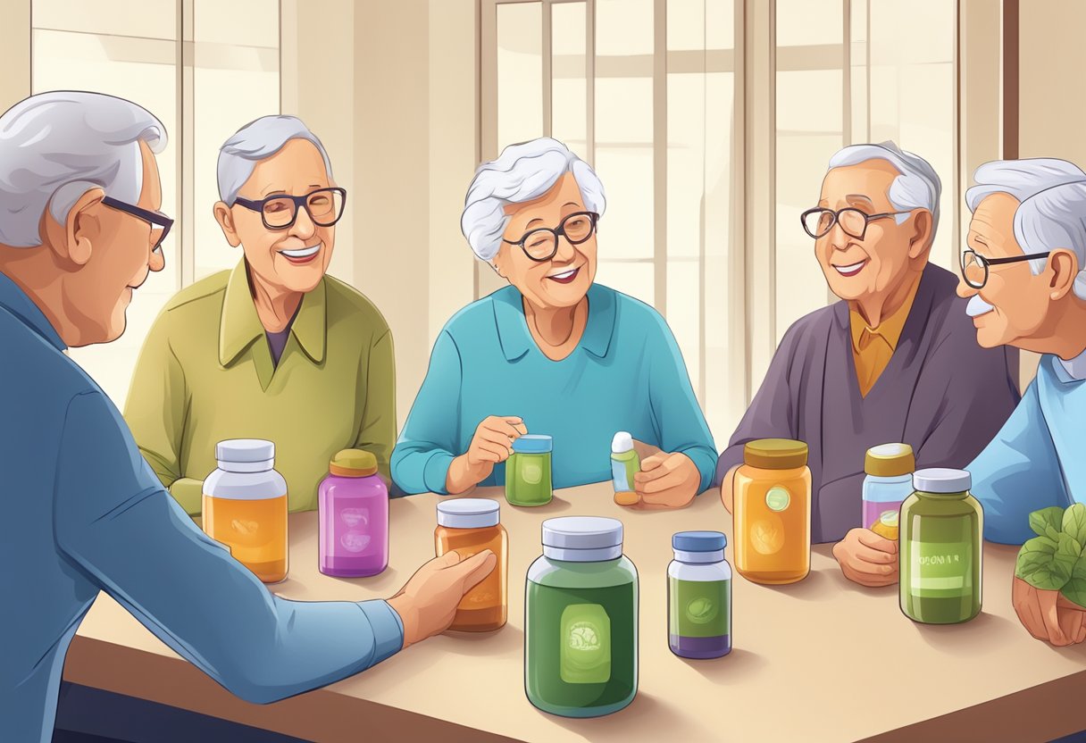 A group of senior citizens gathered around a table, discussing and comparing various health supplements while holding product containers