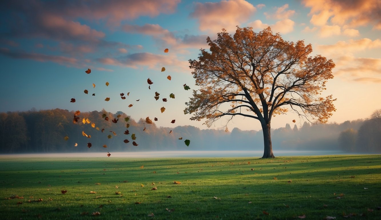 A serene landscape with a lone tree shedding colorful leaves, symbolizing the release of negative thoughts and emotions