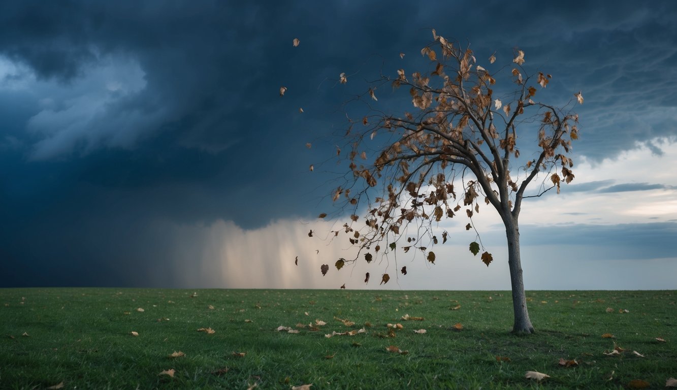 A lone tree shedding its withered leaves, while a stormy sky clears above, symbolizing the release of negative thoughts and emotions