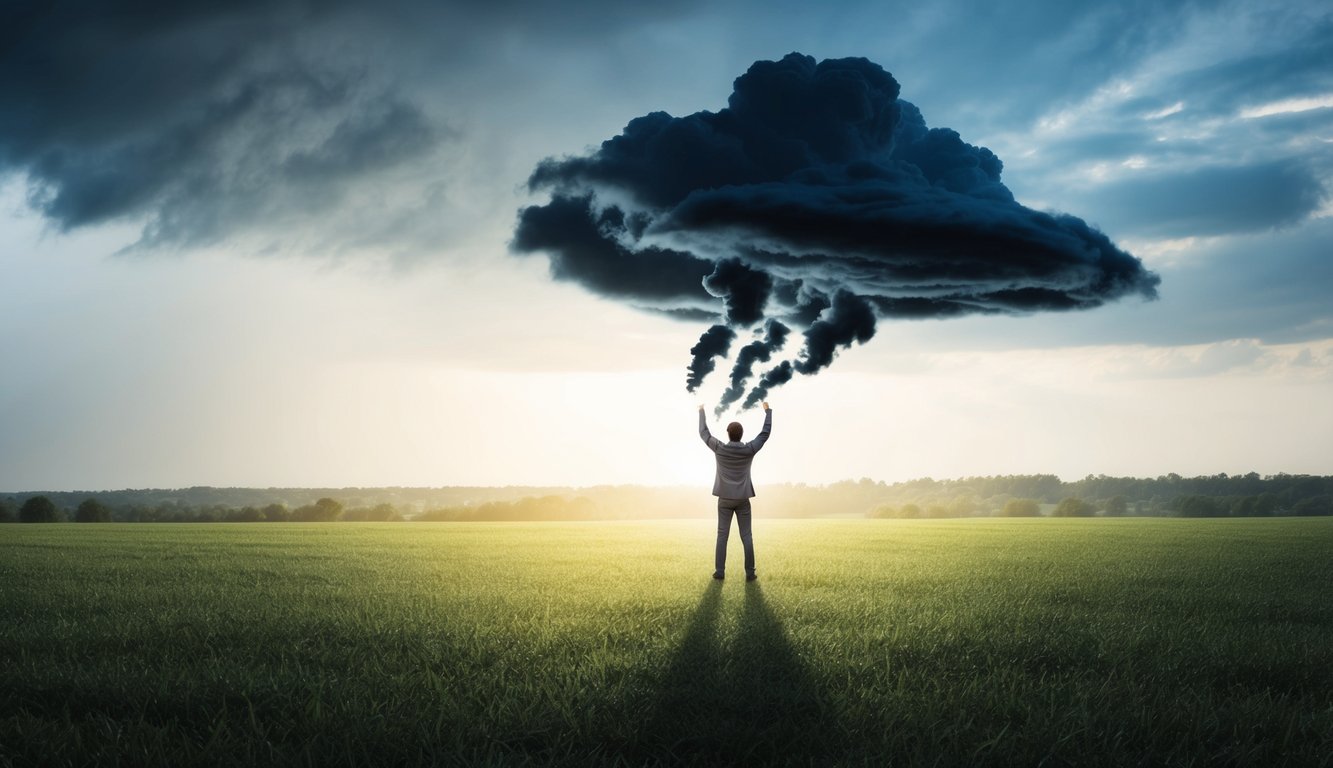 A stormy sky clearing to reveal a bright, peaceful landscape with a figure releasing dark clouds of negative emotions into the air