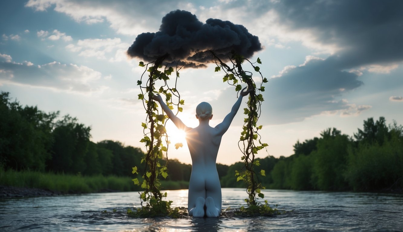 A serene figure releasing dark clouds and tangled vines into a flowing river, symbolizing the act of letting go of negative thoughts and emotions