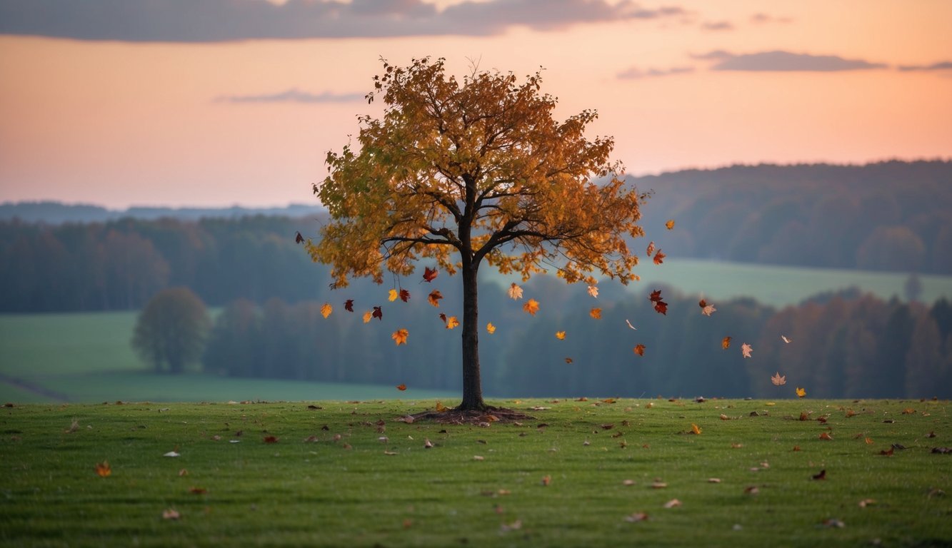 A serene landscape with a lone tree shedding colorful leaves, symbolizing the release of negative thoughts and emotions