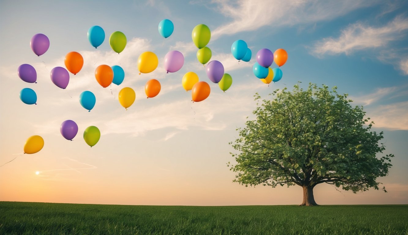 A serene, leafy tree releasing colorful balloons into the sky, symbolizing the release of negative thoughts and emotions