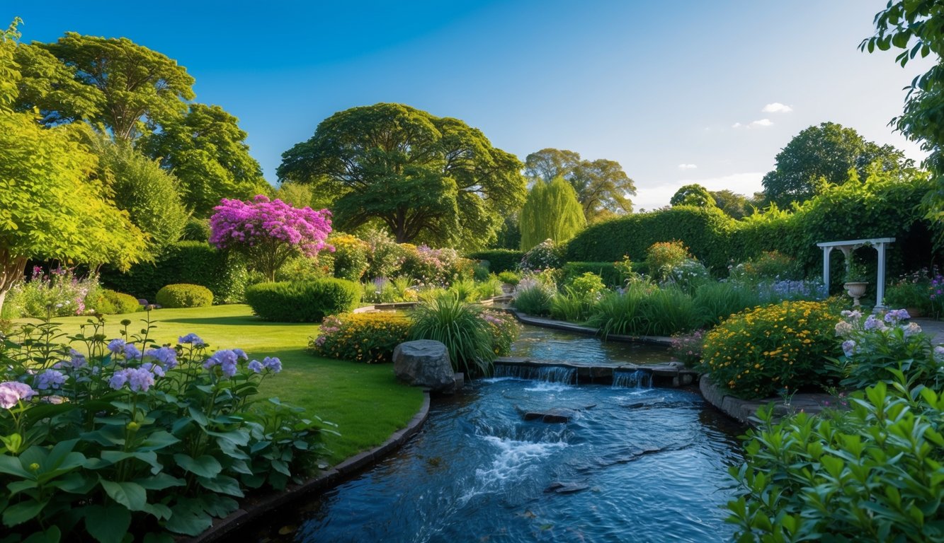 A serene, tranquil garden with a flowing stream, surrounded by lush greenery and blooming flowers, under a clear blue sky