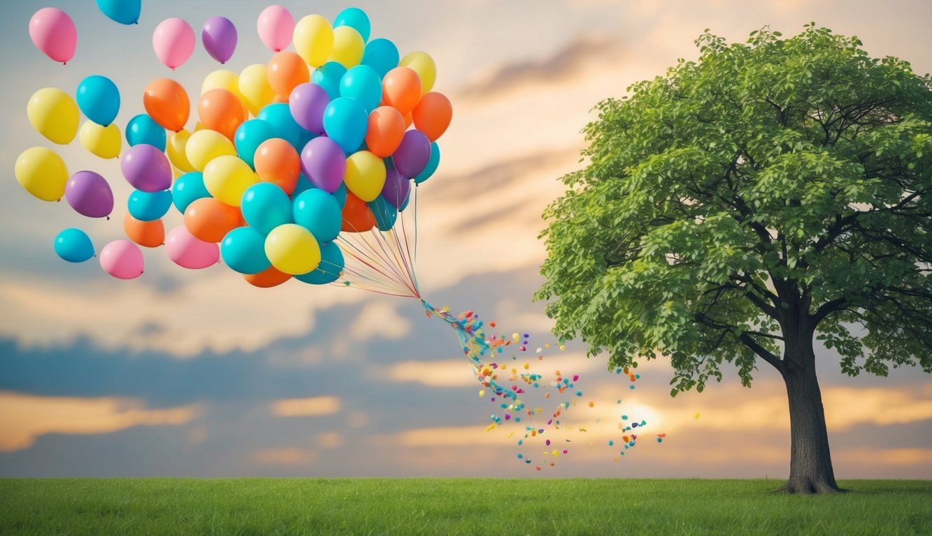 A serene, leafy tree releasing a flock of colorful balloons into the sky, symbolizing the release of negative thoughts and emotions