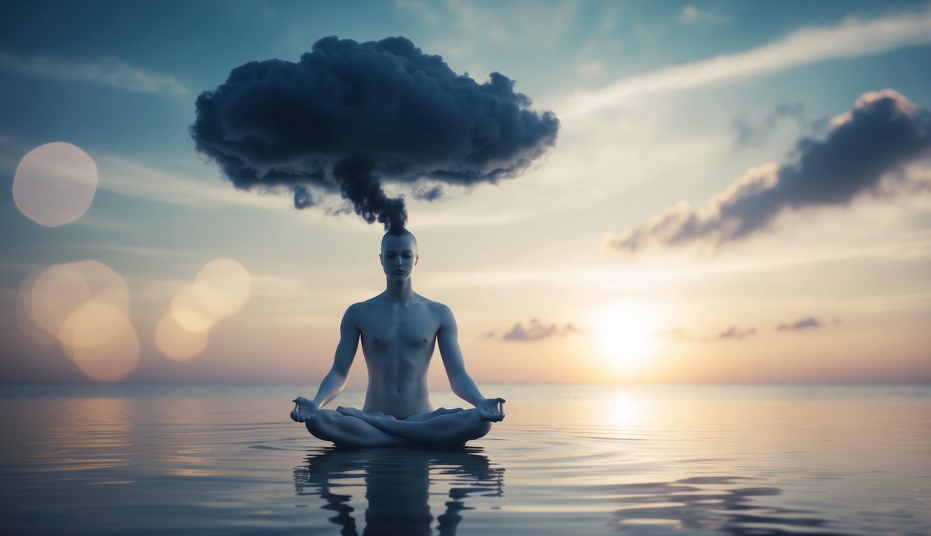 A serene figure releasing dark clouds of negative thoughts and emotions, while surrounded by a peaceful and calming environment