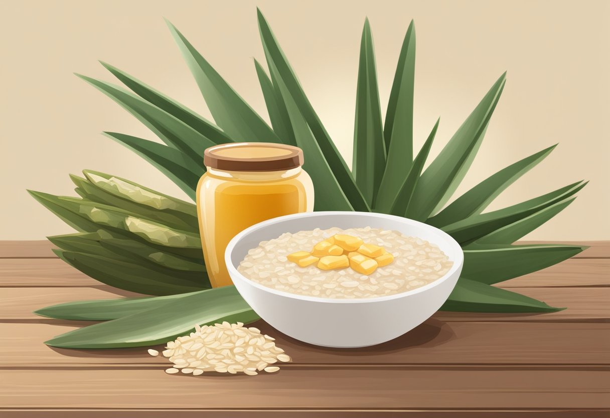 A bowl of oatmeal, honey, and coconut oil sit on a wooden table surrounded by fresh aloe vera leaves and a jar of shea butter