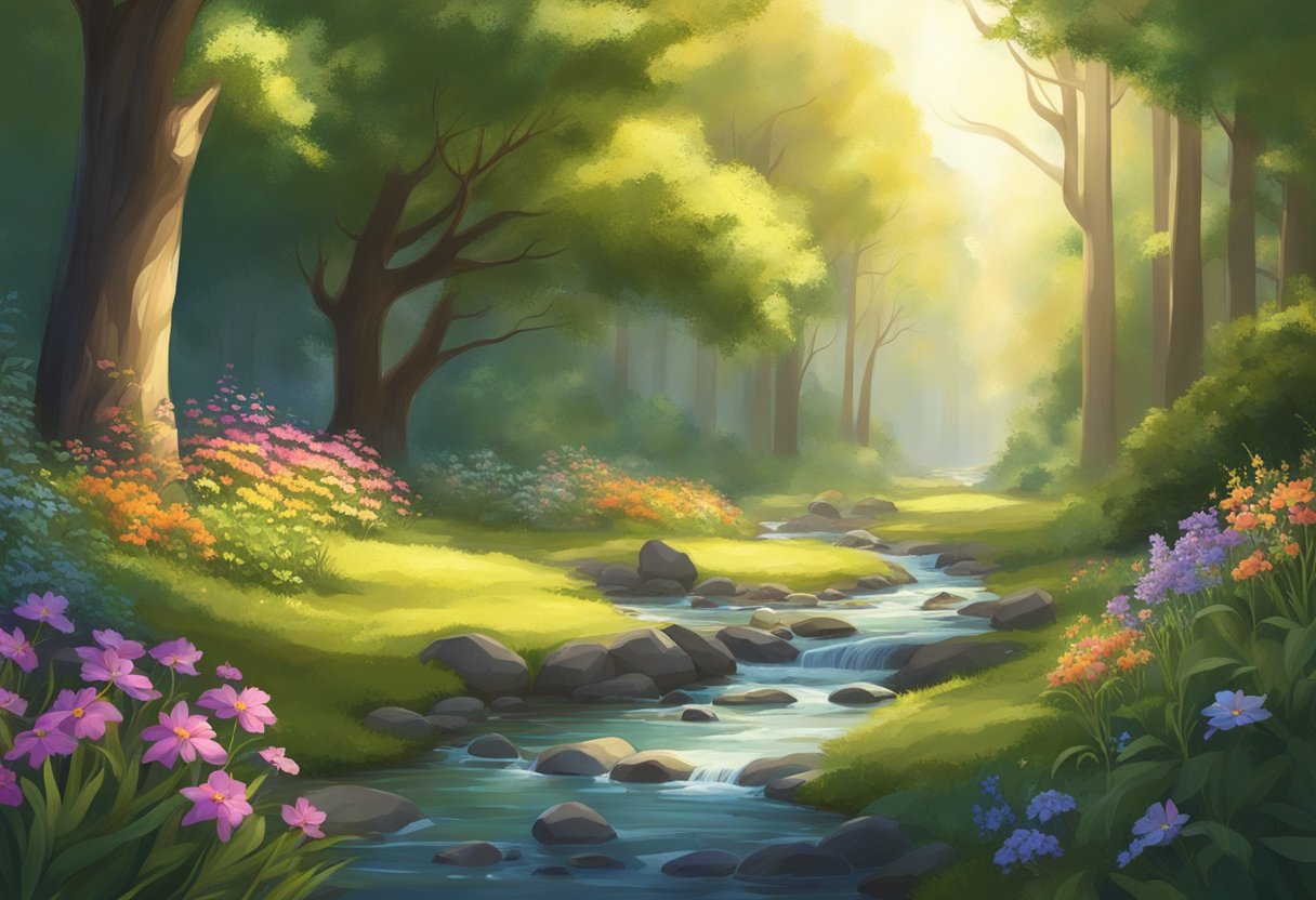 A serene forest with a winding stream, surrounded by lush greenery and colorful wildflowers. Sunlight filters through the canopy, creating a peaceful and calming atmosphere