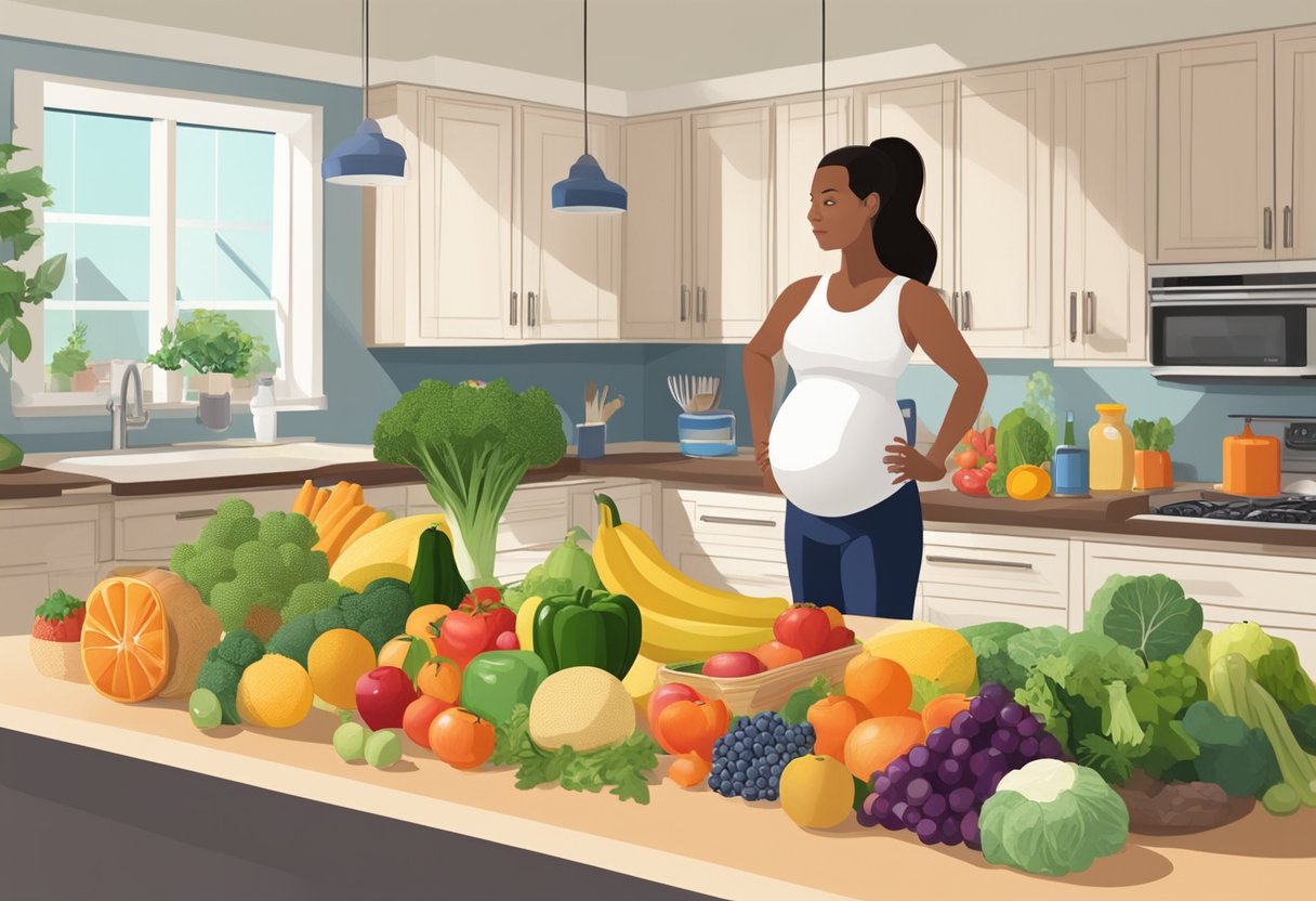 A colorful array of fruits, vegetables, and prenatal vitamins arranged on a kitchen counter. A pregnant woman exercises in the background