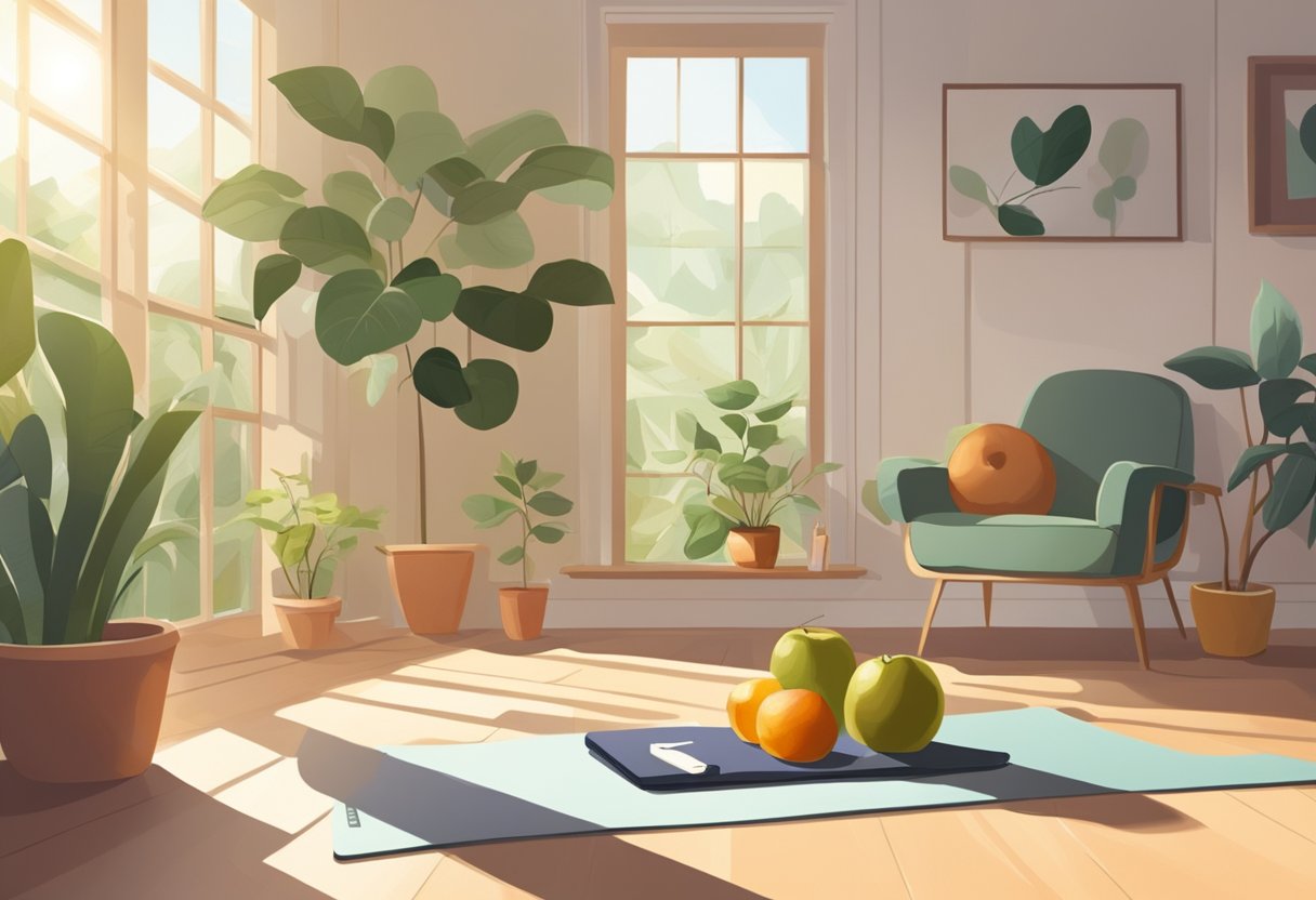 A serene, sunlit room with a yoga mat, fresh fruits, and a journal for writing. A peaceful atmosphere with plants and natural light