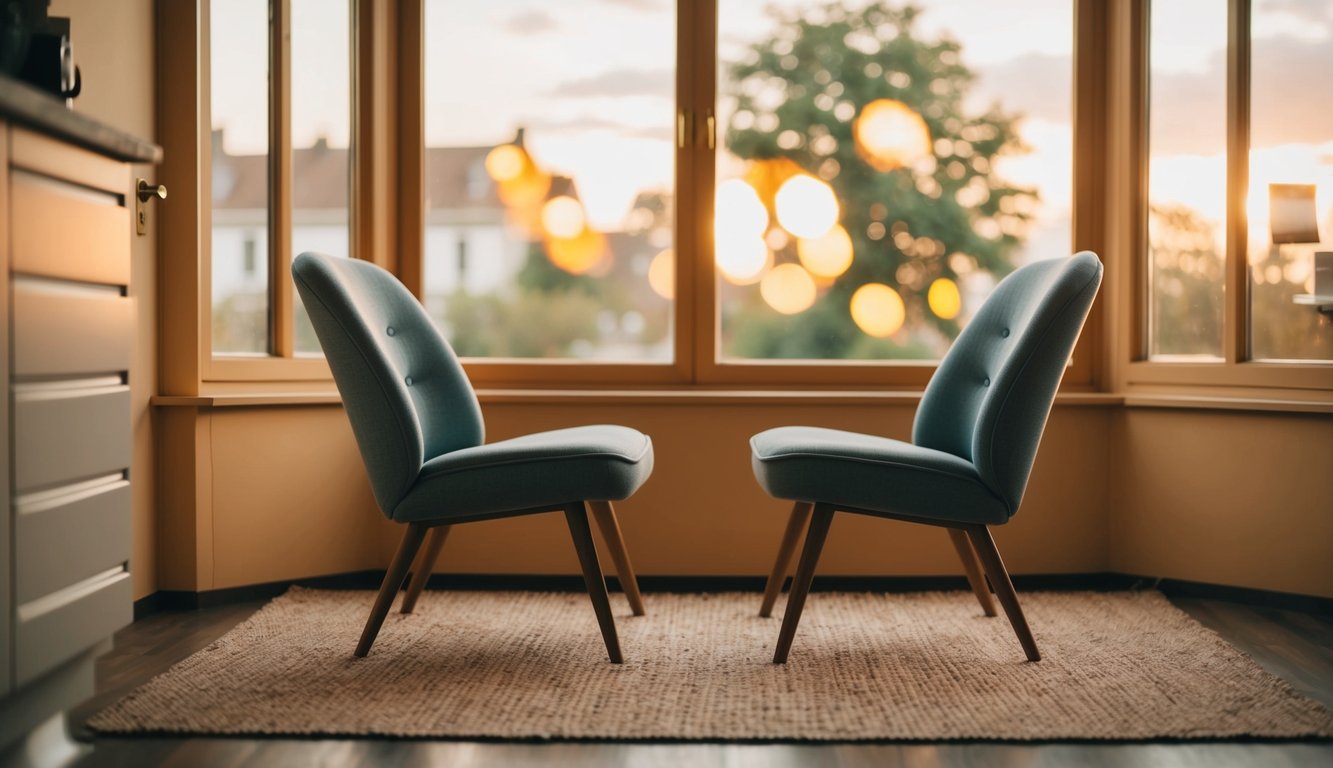 A cozy room with two chairs facing each other, a warm light coming through the window, and a calming atmosphere