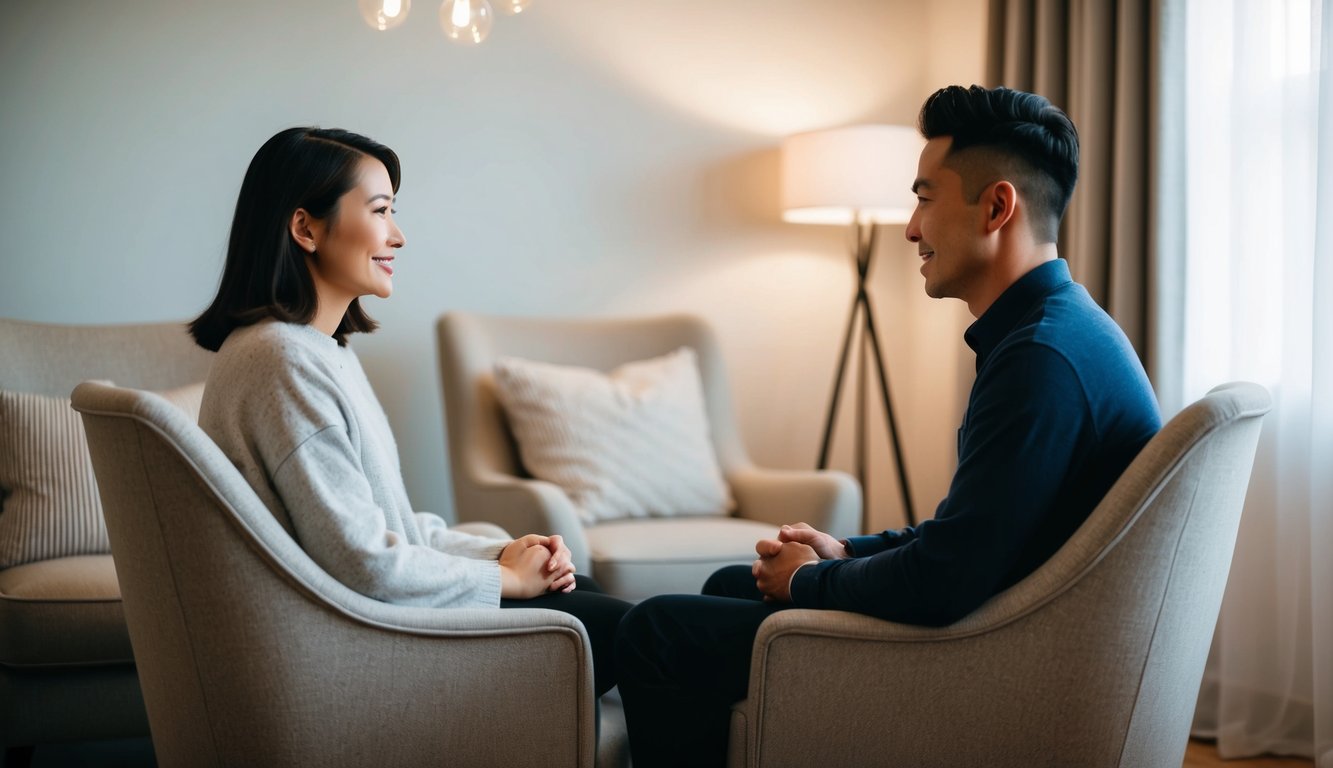 A cozy room with two chairs facing each other, soft lighting, and a calming atmosphere. A person is listening attentively while another person speaks, conveying a sense of comfort and understanding