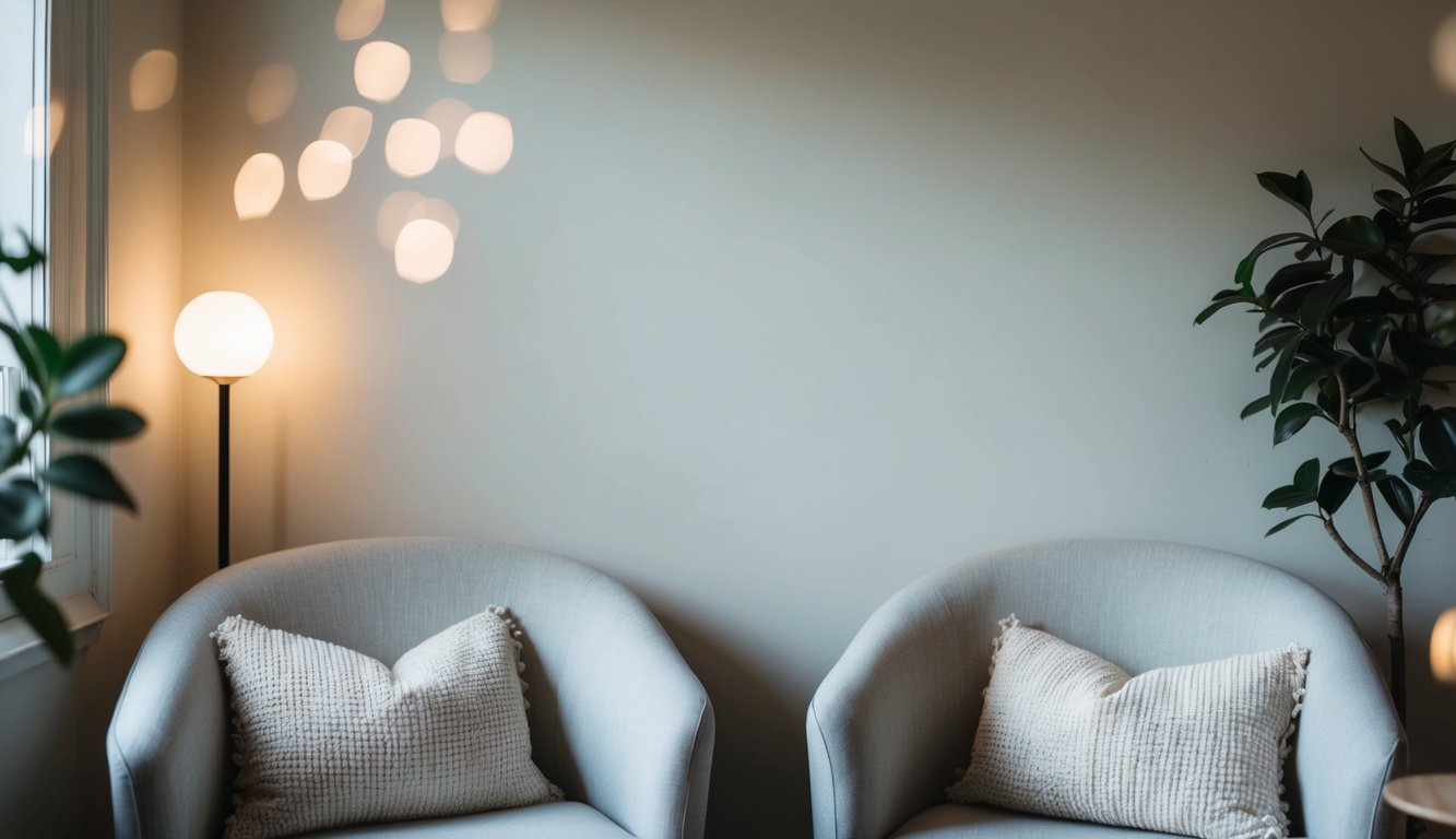 A cozy room with two chairs facing each other, soft lighting, and a calming atmosphere. A plant in the corner adds a touch of nature