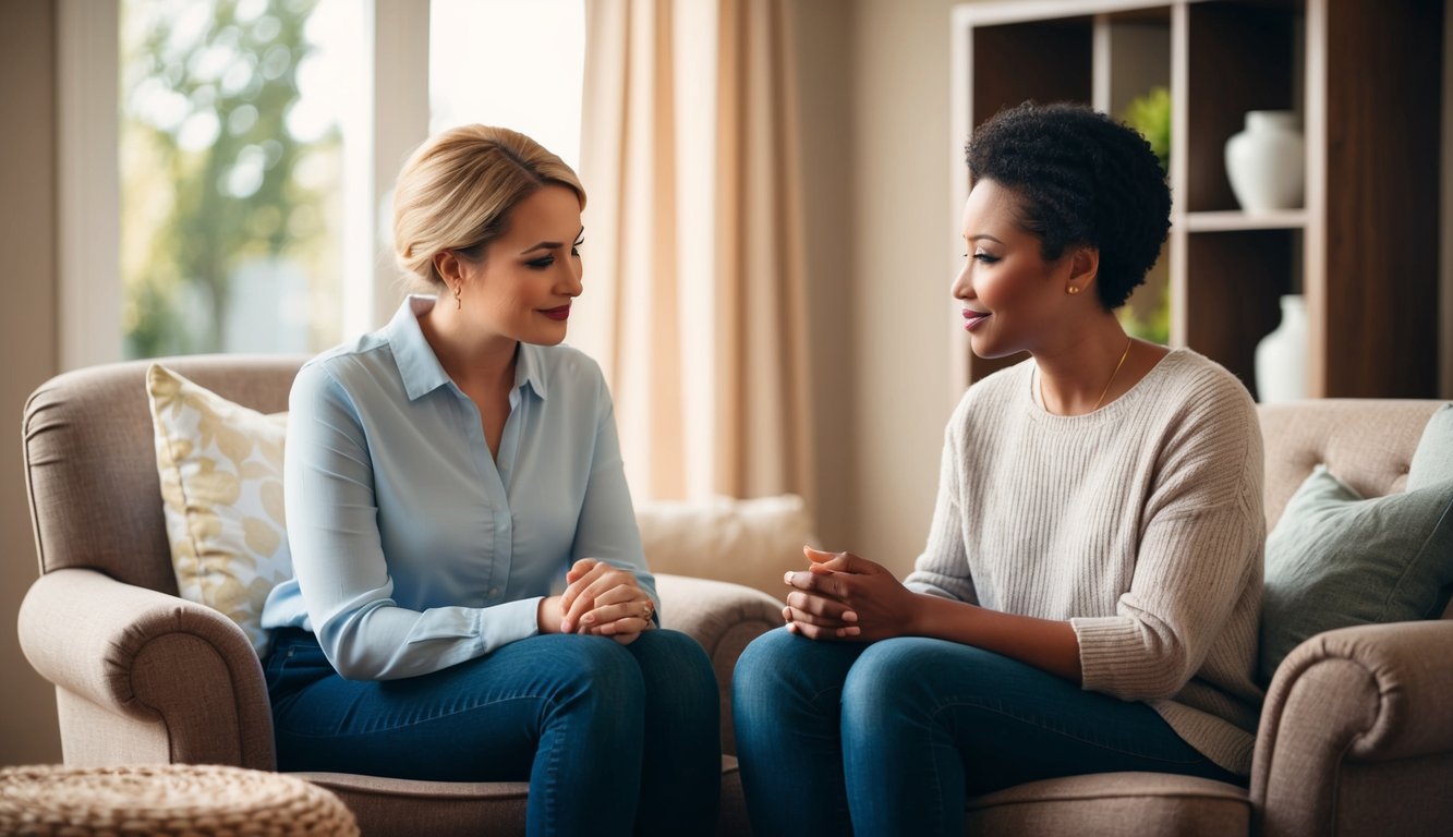 A serene setting with a cozy armchair and a warm, inviting atmosphere. A thoughtful counselor listens attentively to a client, offering comfort and support