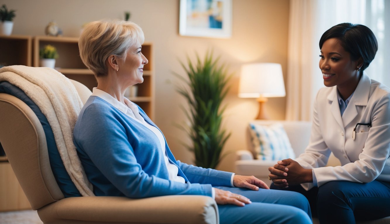 A person sitting in a comfortable chair, engaging in conversation with a therapist. The room is warm and inviting, with soft lighting and cozy furnishings