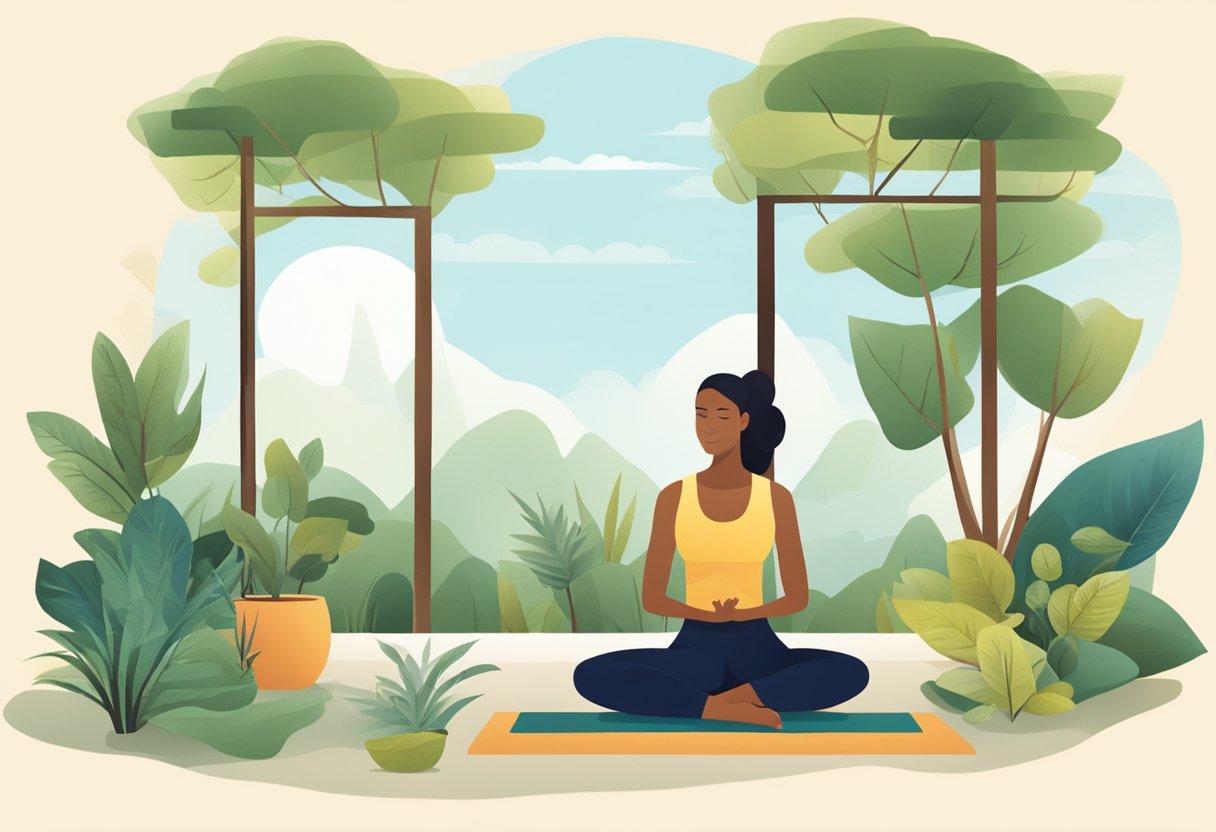 A serene outdoor setting with a person engaging in calming activities such as yoga, meditation, or deep breathing exercises to help stop smoking naturally