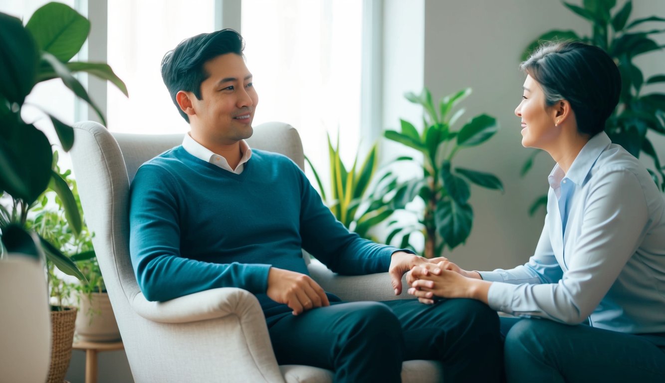 A person sitting in a comfortable chair, surrounded by plants and soft lighting, engaged in conversation with a therapist. The atmosphere is calm and supportive