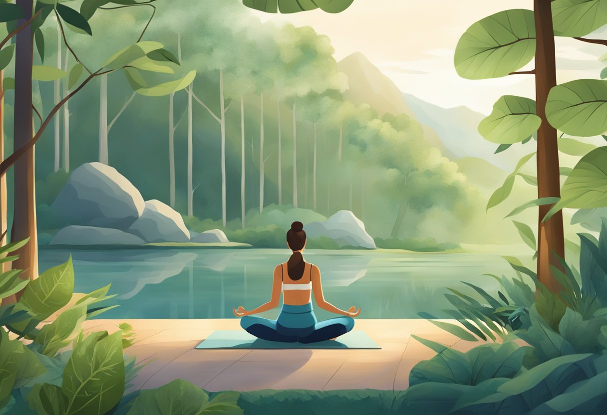 A serene outdoor setting with a person practicing yoga or meditation, surrounded by greenery and natural elements, symbolizing the journey to stop smoking naturally