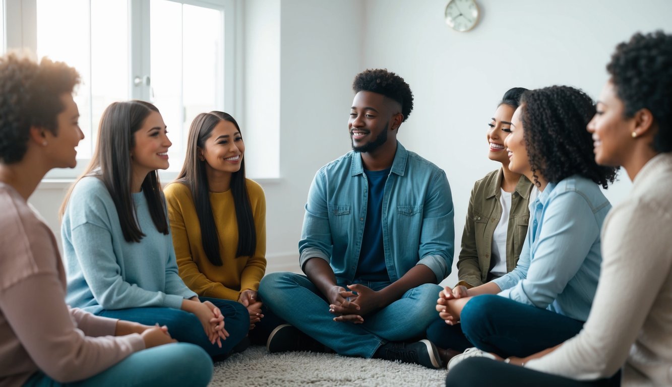 A person sitting in a circle of supportive friends, sharing their thoughts and feelings while others listen attentively