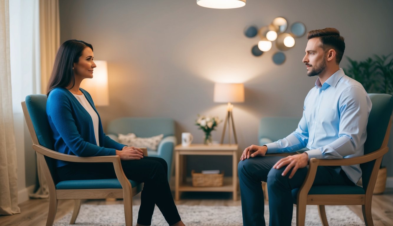 A cozy room with two chairs facing each other, soft lighting, and a calming atmosphere. A therapist and a client engage in deep conversation, surrounded by a feeling of trust and understanding