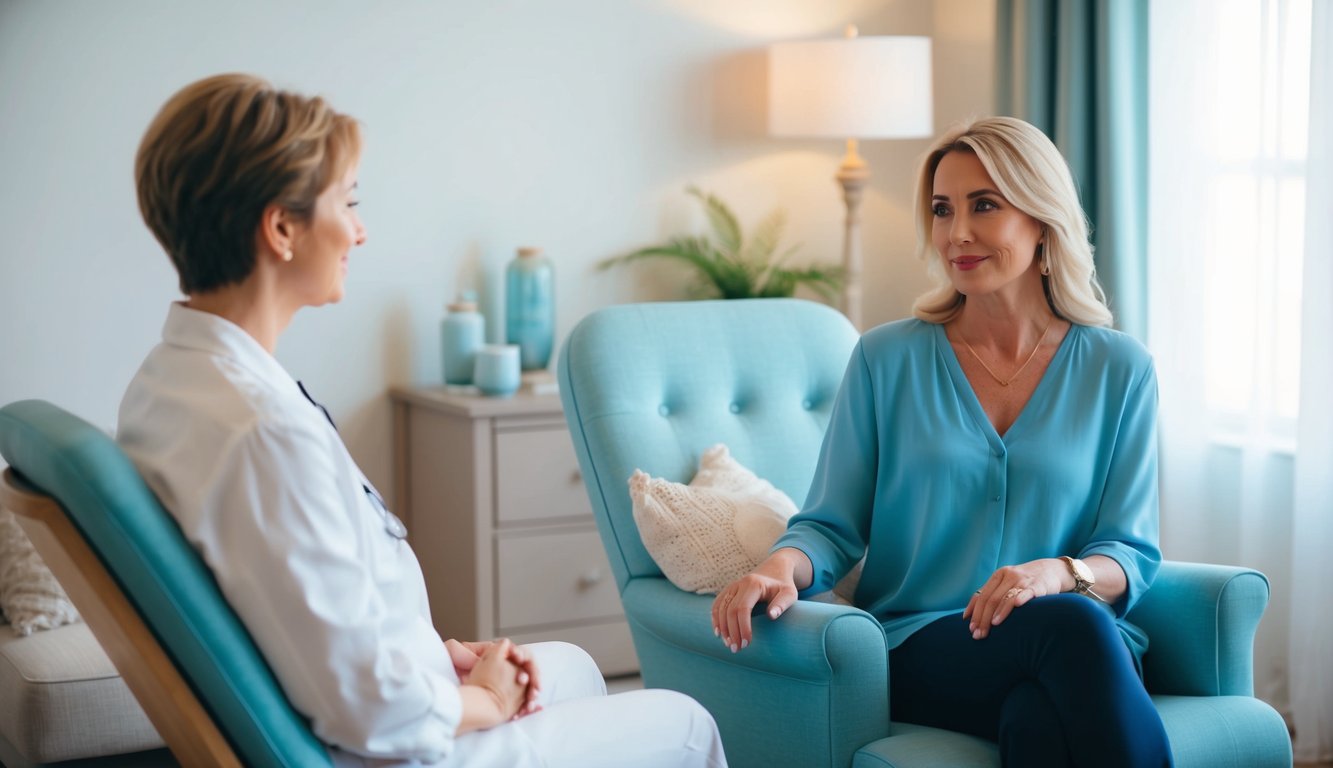 A serene setting with a comfortable chair, soft lighting, and a peaceful atmosphere. A therapist and client engage in deep conversation, surrounded by calming décor