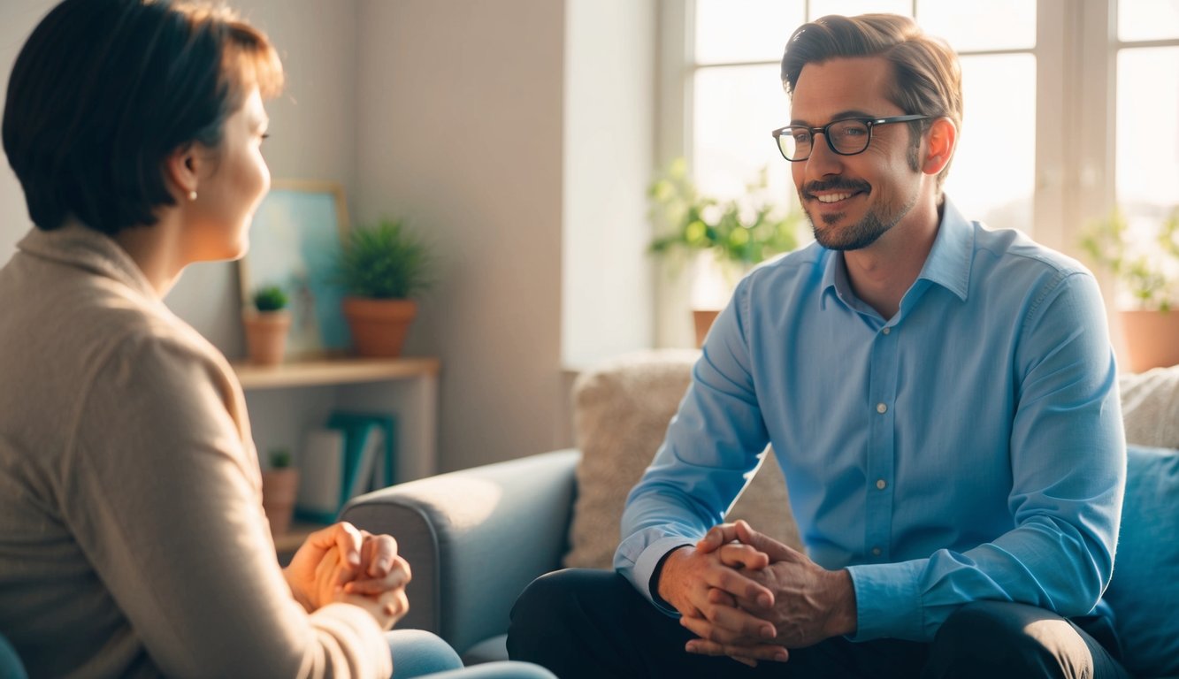 A person sitting in a cozy, sunlit room, engaged in conversation with a therapist. The atmosphere is calm and supportive, with a sense of growth and self-improvement