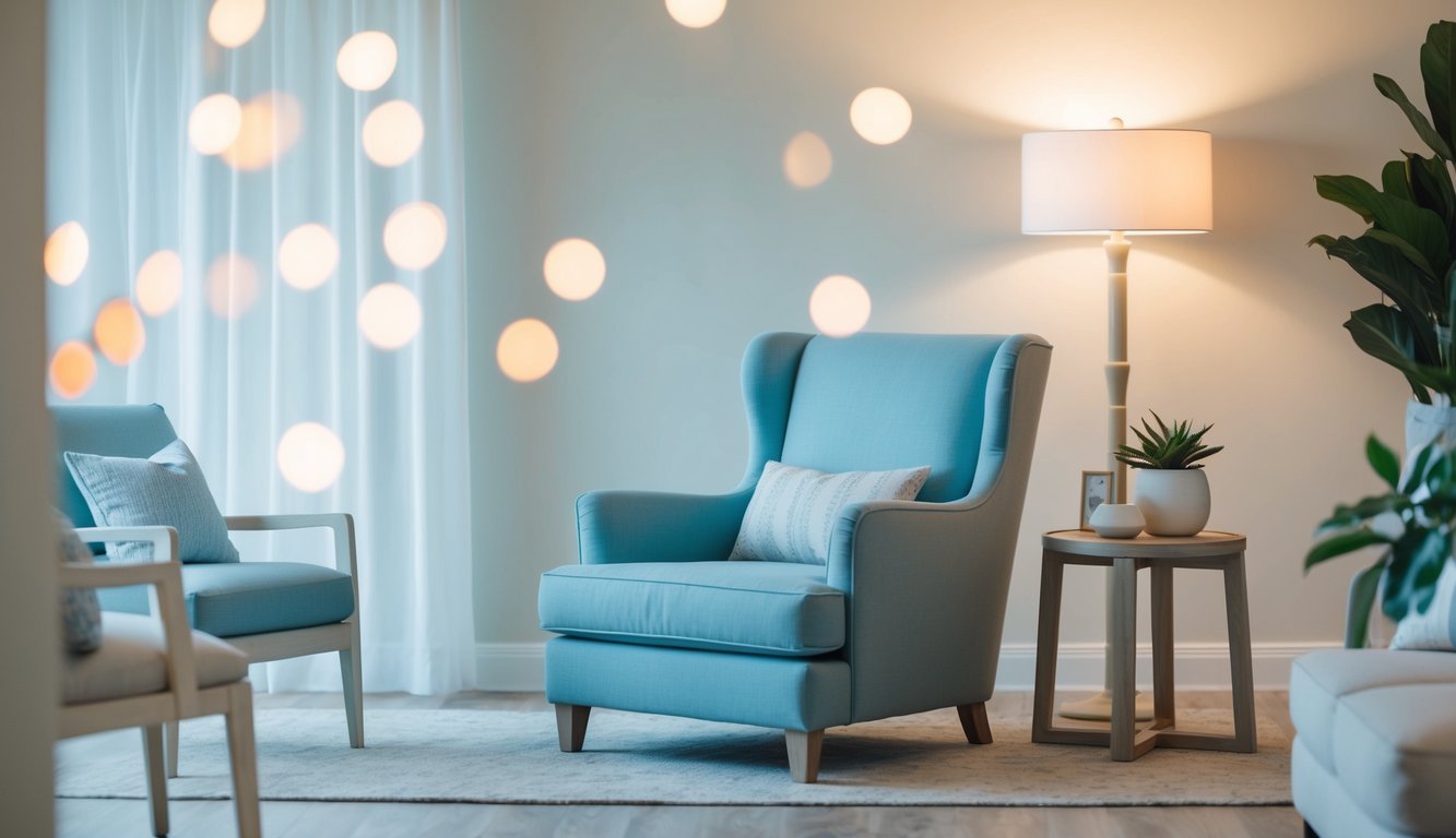 A serene setting with a comfortable chair surrounded by soft lighting and calming decor. A peaceful atmosphere that promotes relaxation and open conversation