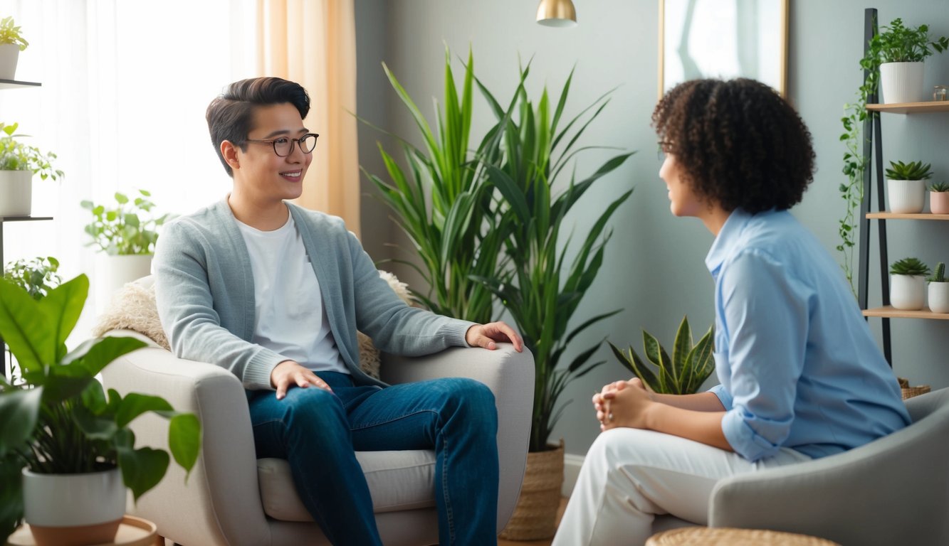 A person sitting in a cozy chair, surrounded by plants and soft lighting, engaged in conversation with a therapist