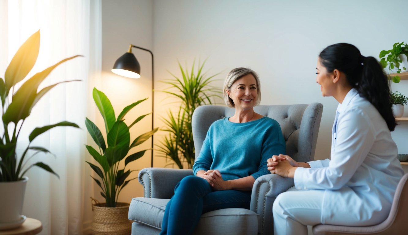 A person sitting in a cozy chair, surrounded by plants and soft lighting, engaged in conversation with a compassionate therapist