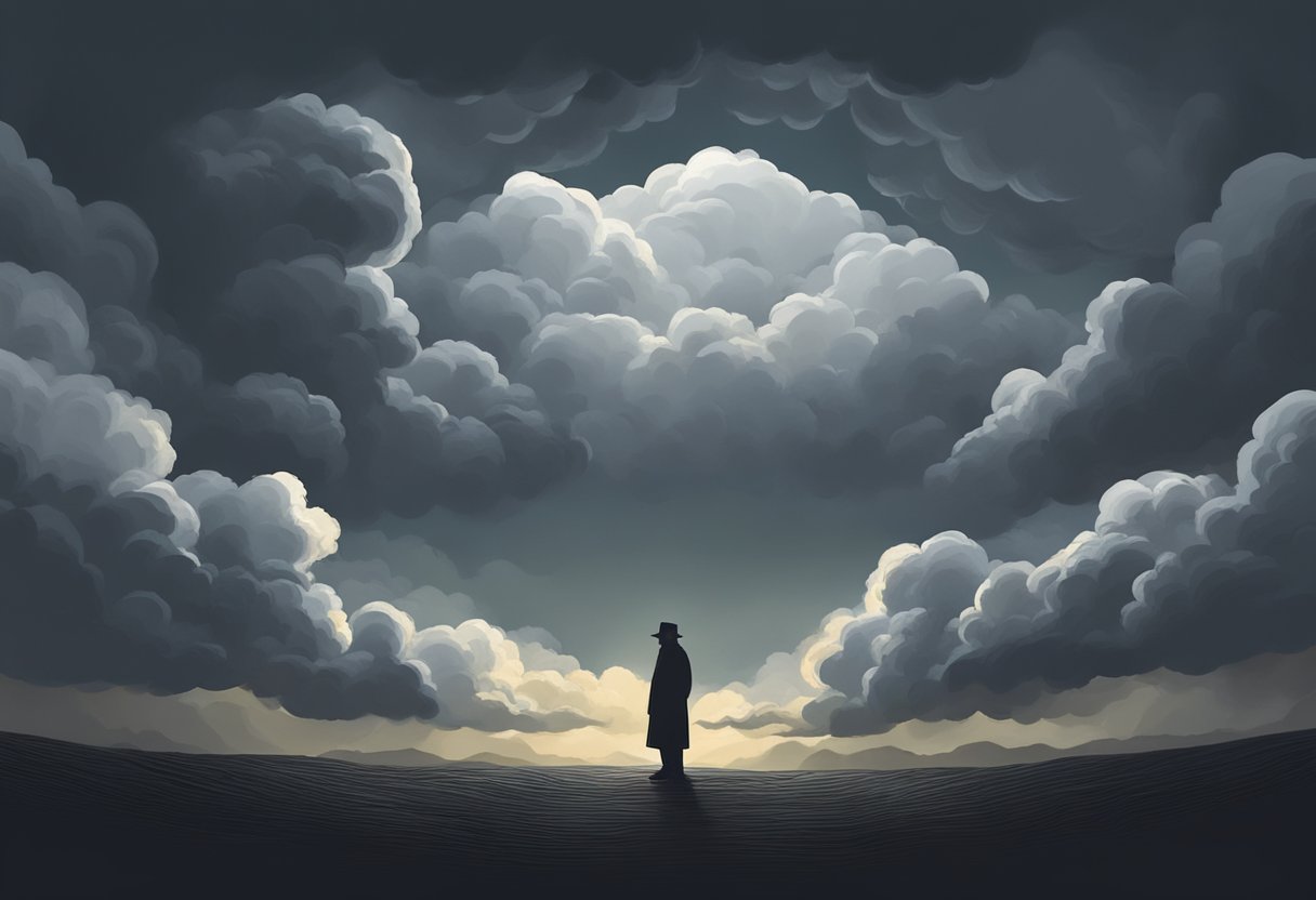 A figure surrounded by dark clouds, isolated and judged by shadowy figures